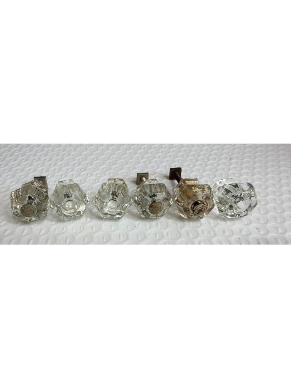 6 small Vintage Clear Glass Cabinet Pulls Knobs  Antique Hexagon